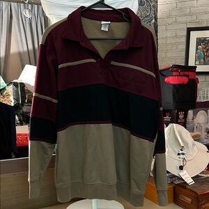 Men's Maroon and Black Striped Zip-Up Sweater